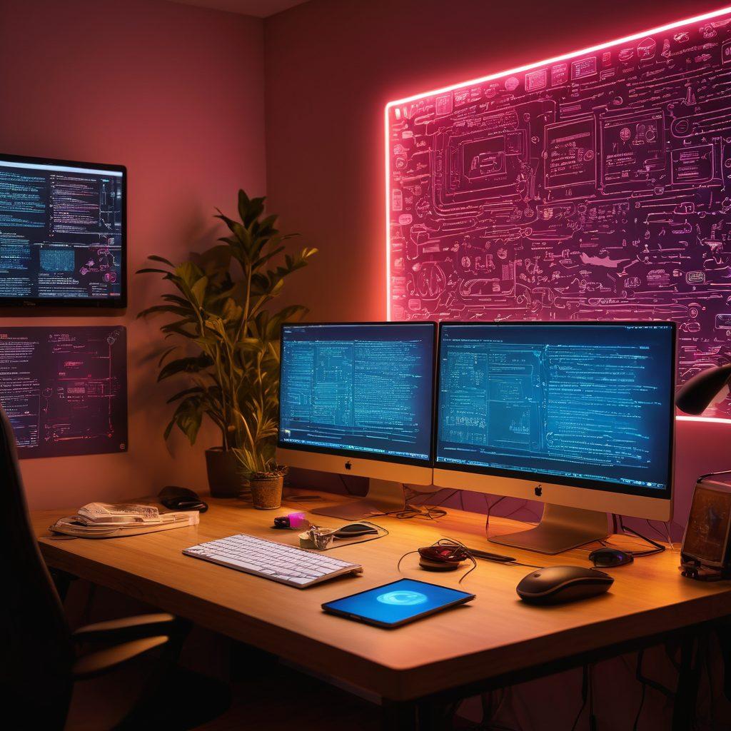 A serene workspace scene featuring a diverse group of individuals engaged in software development and Linux administration. Include a large screen displaying lines of code, books on programming languages and Linux, and a whiteboard with diagrams. Subtle tech gadgets like a Raspberry Pi and open-source stickers scattered around. Soft ambient lighting to create an inviting atmosphere. super-realistic. vibrant colors. cozy workspace.