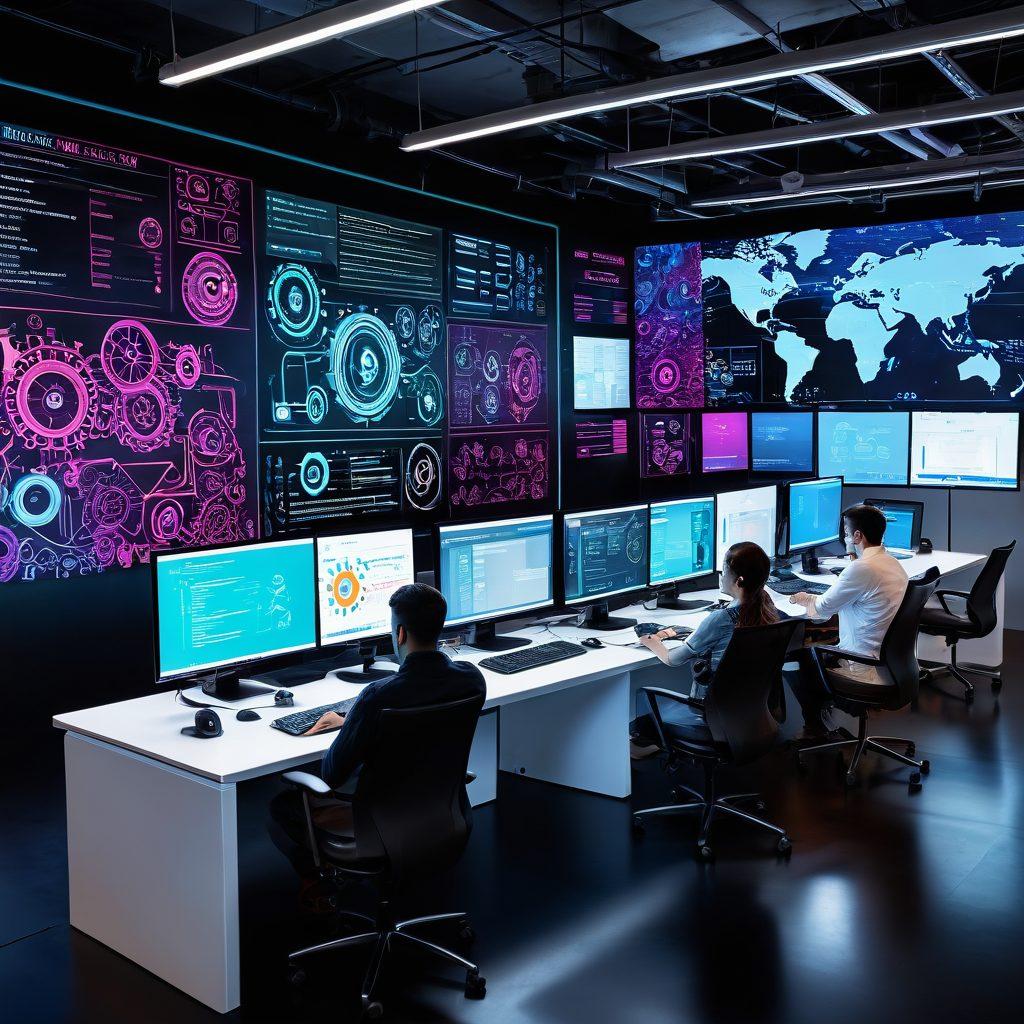 A dynamic and futuristic workspace featuring a diverse group of users interacting with Linux on multiple screens, showcasing essential tips and resources visually represented as icons and diagrams. The background should include elements symbolizing open-source contributions, such as gears and code snippets. Bright, engaging colors to convey an atmosphere of empowerment and exploration. modern tech aesthetic. vibrant colors. digital art.