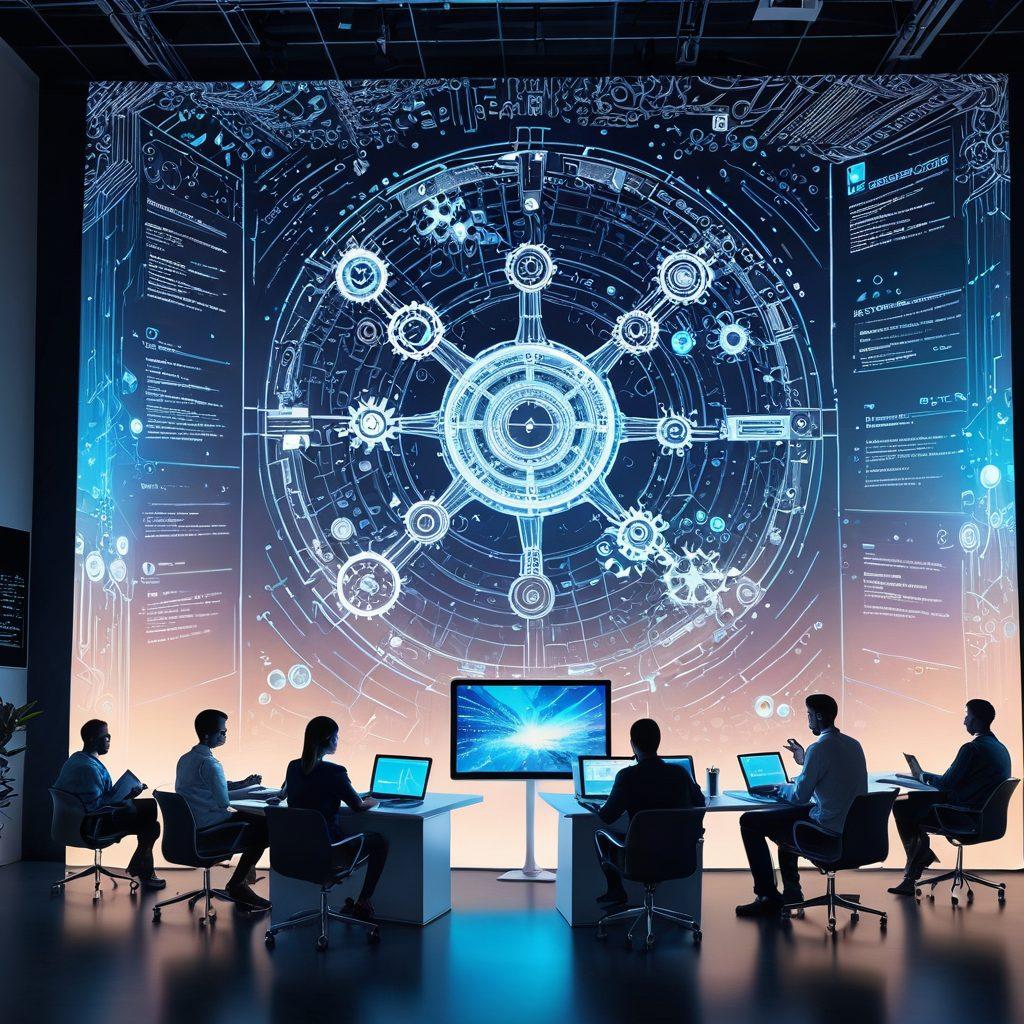 An open-source landscape depicted with a diverse group of people collaborating around a large, glowing computer screen filled with code. Include elements like tutorial books, forum discussion bubbles floating in the air, and gears symbolizing progress. The background should be a mix of blueprints and digital maps, embodying innovation and success. Bright and engaging colors with a futuristic style. super-realistic. vibrant colors.